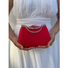 She Poly Kadın Saten Kırmızı Abiye Clutch Portföy Zincir Askılı El Düğün Nişan Gece Omuz Çantası