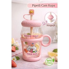 Nyl Home Pipetli Cam Kupa Bardak - Süzgeçli Borosilikat Detoks Matarası - Tasarım Kapaklı Suluk