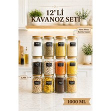 Nyl Home 12'li Etiketli Cam Kavanoz Seti – Bambu Hava Almaz Vakum Kapaklı Çizgili Erzak Bakliyat Saklama Kabı 12 x 1 L