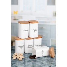 Nyl Home 6'lı 250 ml Vakumlu Bambu Ahşap Kapaklı Porselen Görünümlü Akrilik Baharatlık Kaşık Etiket Hediyeli