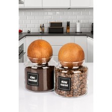 Nyl Home 2'li Ahşap Top Kapaklı Türk Kahvesi ve Filtre Kahve Kavanozu Saklama Kabı Cam 600 ml