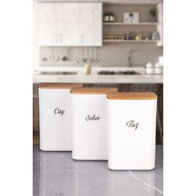 Nyl Home 3'lü Beyaz Çay - Şeker - Tuz ve Erzak Saklama Kutusu Ahşap Vakumlu Kapaklı 3 Lt Akrilik Etiketli