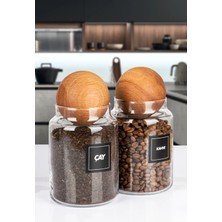 Nyl Home 2'li Ahşap Top Kapaklı Çay ve Kahve Kavanozu Saklama Kabı Cam 1000 ml