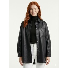 Neden Tekstil Kadın Siyah Deri Oversize Gömlek Ceket