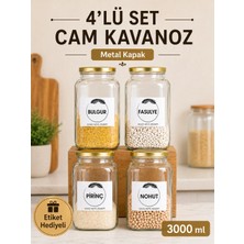 Nyl Home 4'lü Set Mutfak Erzak Saklama Düzenleyici Nohut, Mercimek, Pirinç, Bulgur, Fasulye 3 Lt Gold Metal Kapak