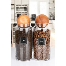 Nyl Home 2'li Ahşap Top Kapaklı Çay ve Kahve Kavanozu Saklama Kabı Cam 1400 ml
