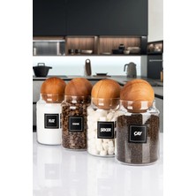 Nyl Home 4'lü Ahşap Top Kapaklı 1000 ml Çay Kahve Şeker Tuz Erzak Saklama Kavanozu