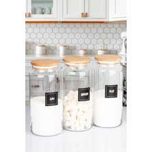 Nyl Home 3'lü Ahşap Vakumlu Kapaklı 1400 ml Un Tuz Şeker Erzak Saklama Kavanozu
