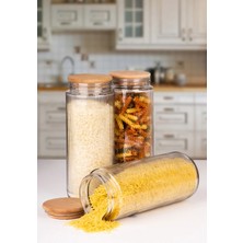 Nyl Home 3 Adet Ahşap Vakumlu Kapaklı Cam Kavanoz ve Erzak Saklama Kabı 1500 ml