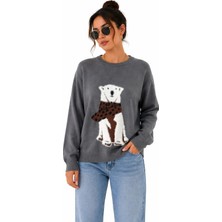 Neden Tekstil Kadın Gri Bisiklet Yaka Polar Köpek Desenli Kazak