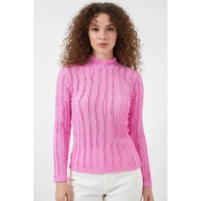 Hanka Kadın Yüksek Yaka Dokulu Pembe Bluz