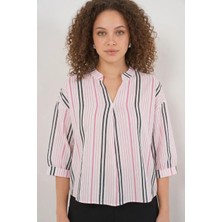 Hanka Kadın V Yaka Oversize Çizgili Viskon Pembe Bluz
