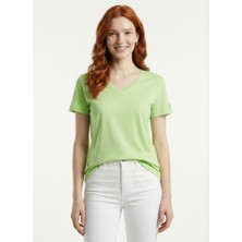 Neden Tekstil Kadın V Yaka Yeşil Basic T-Shirt