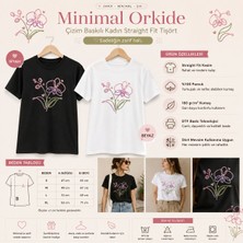 Tişört Kodu Minimal Orkide Çizim Baskılı Kadın Straight Fit Tişört