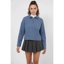 Hanka Kadın Fermuarli Yaka Pamuklu Indigo Sweatshirt