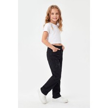 Joy Kids Kız Çocuk Kelebek Nakışlı Siyah Yumuşak Kot Pantolon (3-8yaş) (Siyah)