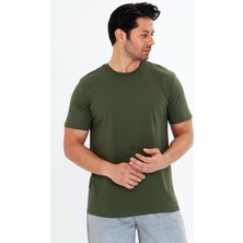 Trendhill Erkek Haki Pamuklu Bisiklet Yaka Büyük Beden T-Shirt HKİ5014B