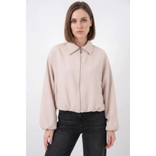 Kadın Klasik Yaka Normal Fermuarlı Oversize Krem Ceket