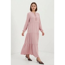 Kadın Bağcıklı Yaka Fırfırlı Açık Pembe Tesettür Elbise