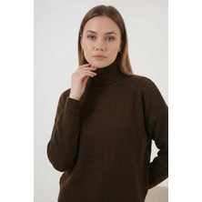 Kadın Balıkçı Yaka Oversize Triko Kahverengi Kazak