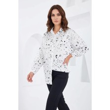 Kadın Oversize Desenli Saten Siyah Beyaz Gömlek