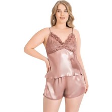Mor AVM Büyük Beden Vizon Saten Babydoll Şort Takımı