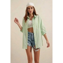 Kadın Uzun Kol Basic Oversize Pamuklu Çağla Yeşili Gömlek