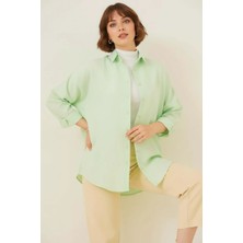 Kadın Oversize Kesim Basic Pamuklu Çağla Yeşili Tesettür Gömlek