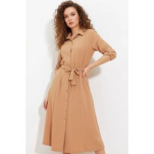 Kadın Kuşaklı Camel Gömlek Elbise