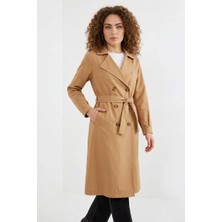 Kadın Kruvaze Yaka Kuşaklı Kemerli Taba Trençkot