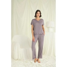 Mor AVM Kısa Kollu V Yakalı Dantelli Pijama Takımı