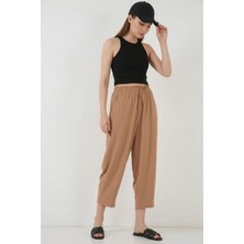 Kadın Yüksek Bel Keten Camel Pantolon