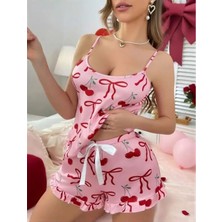 Mor AVM Pembe Üstüne Kiraz Desenli Askılı Şortlu Pijama Takımı
