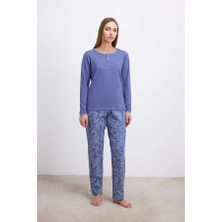 Mor AVM %95 Pamuklu Uzun Kollu T-Shirt ve Desenli Pantolon Pijama Takımı