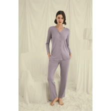 Mor AVM Uzun Kollu Boydan Düğmeli V Yaka Pijama Takımı