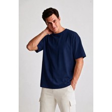 Guaraz Erkek Lacivert Oversize Bisiklet Yaka %100 Organik Pamuk Düz Basic Yazlık T-Shirt