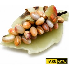 Taru Pasaj Doğal Oniks Taş Yaprak Tabak & 30 Taneli Üzüm Salkımı – Feng Shui Dekor Objesi