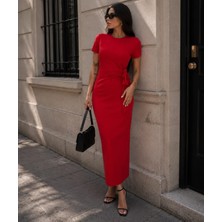 Budan Export Kadın Bisiklet Yaka Kısa Kol Yandan Bağlama Detaylı Yırtmaçlı Bodycon Midi Elbise