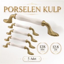 Badem10 (5 Adet) Estina Porselen Mat Altın Kulp 128 mm 12.8 cm Mobilya Çekmece Dolap Kapak Kulplar Kulb Kulp