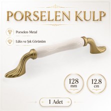Badem10 Estina Porselen Mat Altın Kulp 128 mm 12.8 cm Mobilya Çekmece Dolabı Dolap Kapak Kulplar Kulb Kulpu