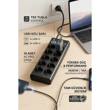 The Wlue 10'lu Akım Korumalı Priz | 3680 Watt Koruma | 16A | 3 USB + 1 Type-C | Anahtarlı | 2 Metre
