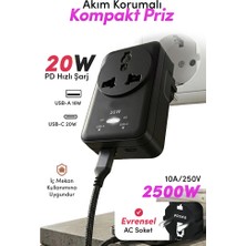 The Wlue 20W Pd Hızlı Şarjlı Akım Korumalı Kompakt Priz | 2500W | Usb-C & Usb-A | 18W Qc Hızlı Şarj