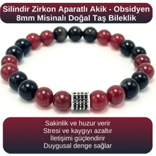 Yıldız Doğal Taş Sertifikalı Zirkon Aparatlı Kırmızı Akik - Obsidyen - 8mm Doğal Taş Misinalı Bileklik