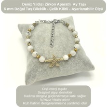Yıldız Doğal Taş Sertifikalı Deniz Yıldızı Zirkon Aparatlı Ay Taşı - 6mm Doğal Taş Bileklik - Ayarlanabilir Ölçü