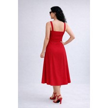 Lifera Butik Lifera Askılı Kare Yaka Midi Elbise