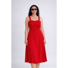 Lifera Butik Lifera Askılı Kare Yaka Midi Elbise