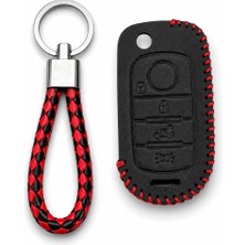 Autohan Keys Egea Uyumlu Deri Anahtar Kılıfı, 3 Buton, Siyah, Kırmızı Örgülü Anahtarlık Dahil