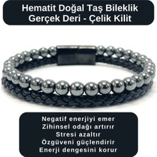 Yıldız Doğal Taş Sertifikalı Hematit Doğal Taş Bileklik Gerçek Deri Çelik Kilit