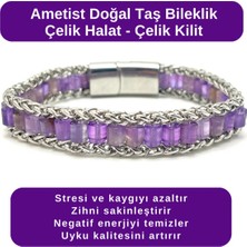 Yıldız Doğal Taş Sertifikalı Ametist Doğal Taş Bileklik Çelik Halat Çelik Kilit