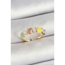 Pirinç Sıralı Kalp Figürlü Zirkon Taşlı Gold Renk Ayarlanabilir Kadın Yüzük